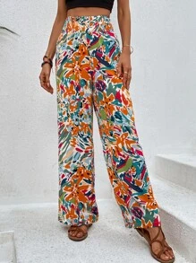 SHEIN VCAY Shirred Waist Allover Floral Pants - Orange - View 1