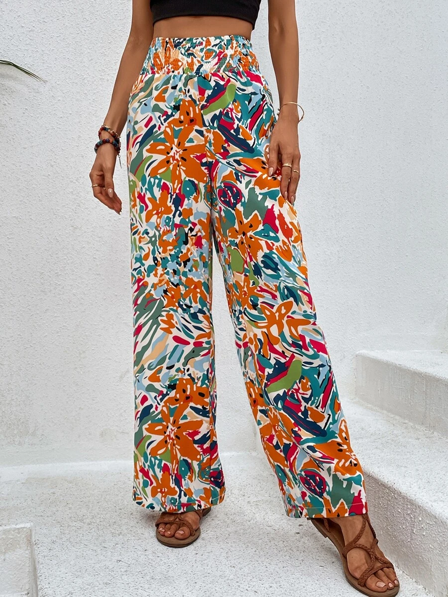 SHEIN VCAY Shirred Waist Allover Floral Pants - Orange - View 1
