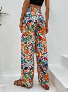 SHEIN VCAY Shirred Waist Allover Floral Pants - Orange - View 2