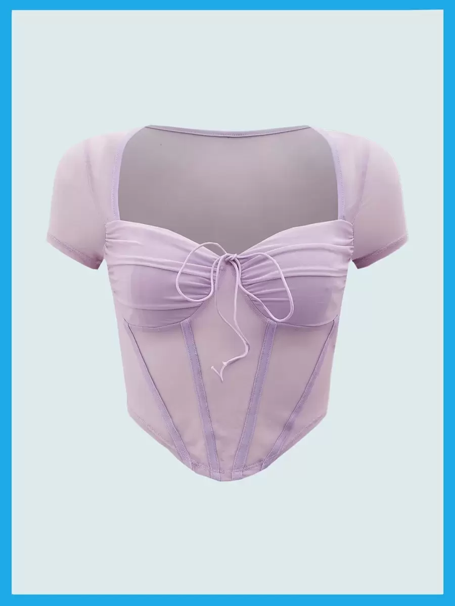 SHEIN ICON Halter Neck Tie Back Sheer Asymmetrical Hem Mesh Crop Top - Lilac Purple - View 1