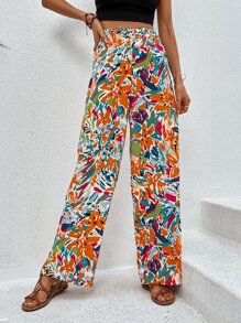 SHEIN VCAY Shirred Waist Allover Floral Pants - Orange - View 3