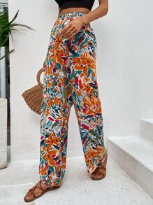 SHEIN VCAY Shirred Waist Allover Floral Pants - Orange - View 5