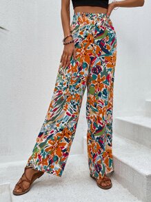 SHEIN VCAY Shirred Waist Allover Floral Pants - Orange - View 6