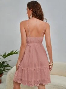 Soleia Eyelet Embroidery Scallop Trim Ruffle Hem Cami Dress - Dusty Pink - View 2