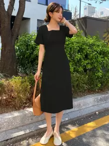 DAZY Square Neck Split Hem Tie Back Dress - Black - View 1