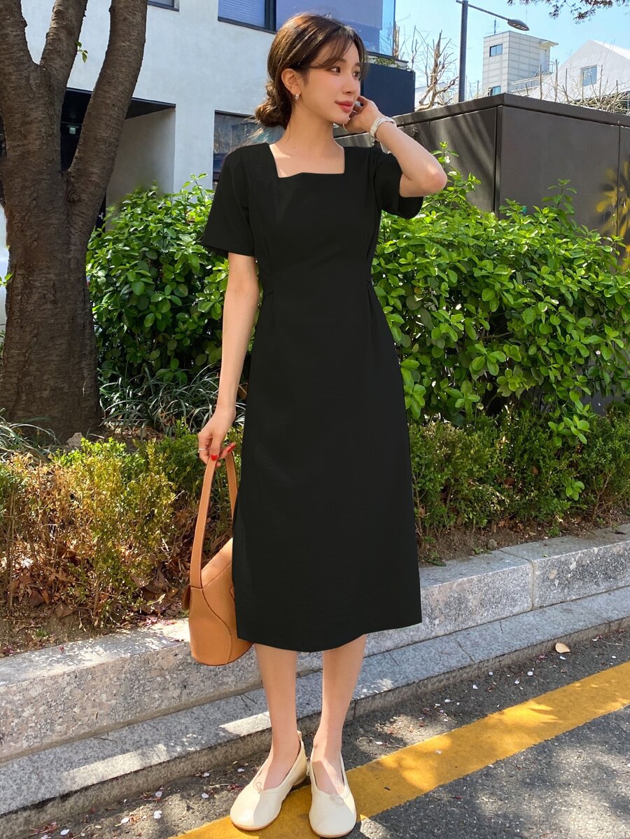 DAZY Square Neck Split Hem Tie Back Dress - Black - View 1