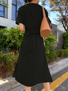 DAZY Square Neck Split Hem Tie Back Dress - Black - View 2