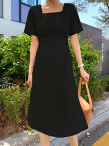 DAZY Square Neck Split Hem Tie Back Dress - Black - View 3