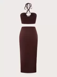 SHEIN ICON 後綁帶掛脖上衣和前扭結半身裙 - 巧克力棕 - 查看 2