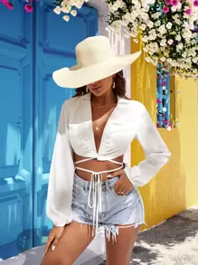 SHEIN Unity 燈籠袖圍裹前打結短款襯衫 - 白色 - 查看 1