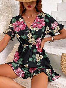 Floral Print Flounce Sleeve Ruffle Hem Romper - Black - View 1