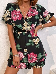 Floral Print Flounce Sleeve Ruffle Hem Romper - Black - View 4