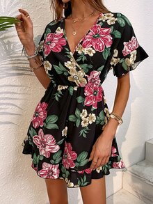 Floral Print Flounce Sleeve Ruffle Hem Romper - Black - View 6