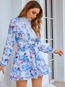 Eilly Bazar 印花拼接水溶蕾絲荷葉邊多層下擺繫腰帶連衣裙 - 彩色 - 查看 1