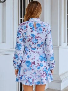 Eilly Bazar 印花拼接水溶蕾絲荷葉邊多層下擺繫腰帶連衣裙 - 彩色 - 查看 2