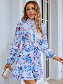 Eilly Bazar 印花拼接水溶蕾絲荷葉邊多層下擺繫腰帶連衣裙 - 彩色 - 查看 4