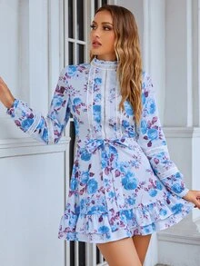 Eilly Bazar 印花拼接水溶蕾絲荷葉邊多層下擺繫腰帶連衣裙 - 彩色 - 查看 5