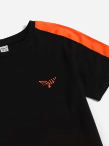 SHEIN 男孩翅膀印花拼接側邊接縫T恤和短褲 - 橘色 - 查看 3