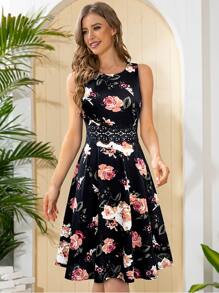 Floral Print Contrast Guipure Lace A-line Dress - Multicolor - View 1