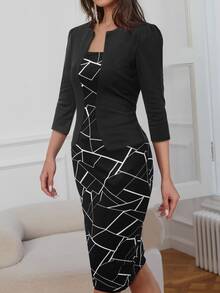幾何印花二合一緊身正式洋裝