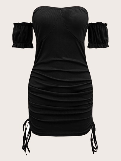 Vestido Sólido Con Hombros Descubiertos Y Cordón Ajustable