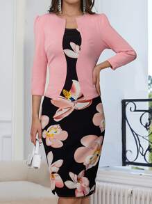 HOMEYEE Floral Print Zip Back 2 In 1 Bodycon Work Dress - Baby Pink - View 4
