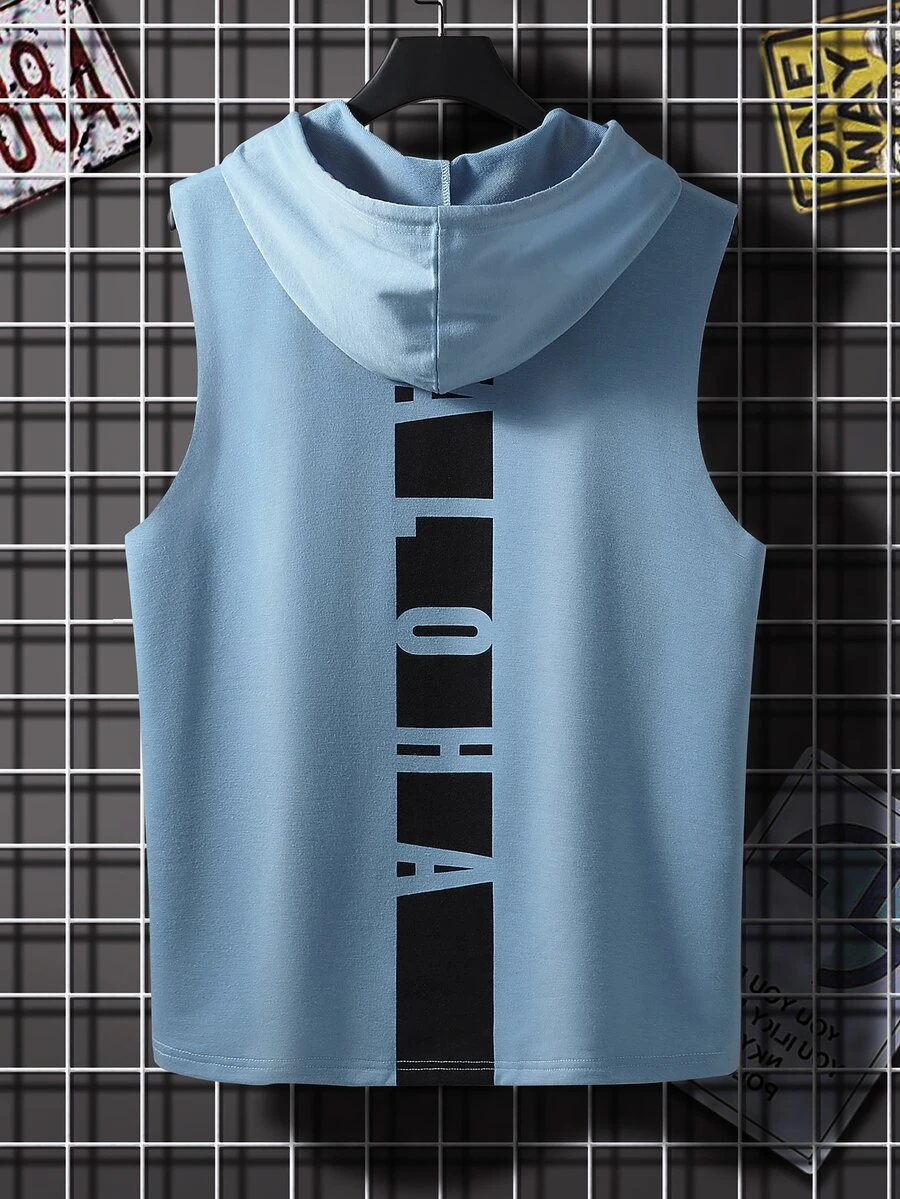 Manfinity Hypemode 男士撞色字母圖案抽繩連帽背心上衣 - 霧霾藍 - 查看 1