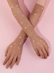 Rhinestone Decor Fishnet Gloves - Beige - View 1