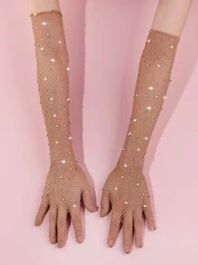Rhinestone Decor Fishnet Gloves - Beige - View 2