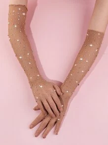 Rhinestone Decor Fishnet Gloves - Beige - View 3