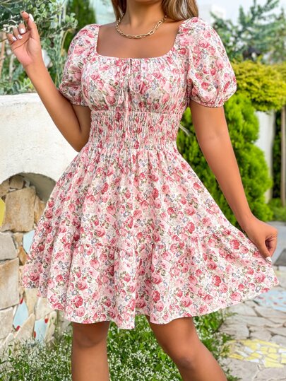 Breezaya Floral Print Puff Sleeve Knot Front Ruffle Hem Shirred Waist Dress