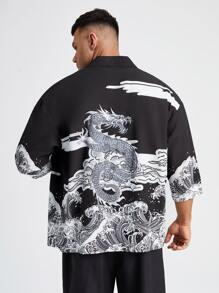 Manfinity RebelGame Men Plus Wave & Chinese Dragon Graphic Shirt Without Tee - Black - View 1