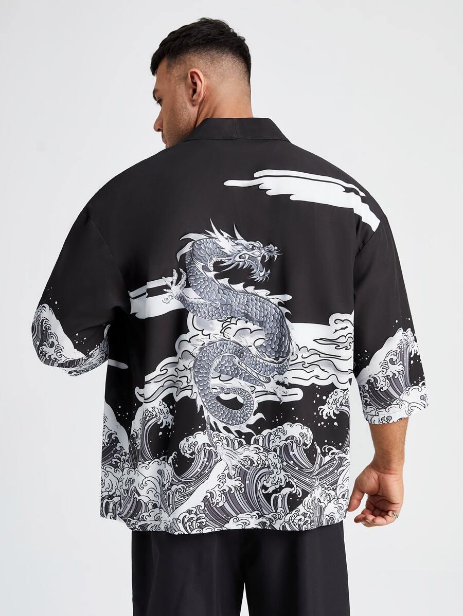 Manfinity RebelGame Men Plus Wave & Chinese Dragon Graphic Shirt Without Tee - Black - View 1