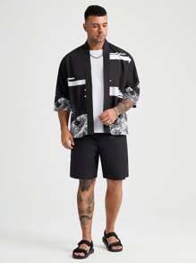 Manfinity RebelGame Men Plus Wave & Chinese Dragon Graphic Shirt Without Tee - Black - View 3