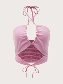 ROMWE 打褶鏤空掛脖上衣 - 粉色 - 查看 1