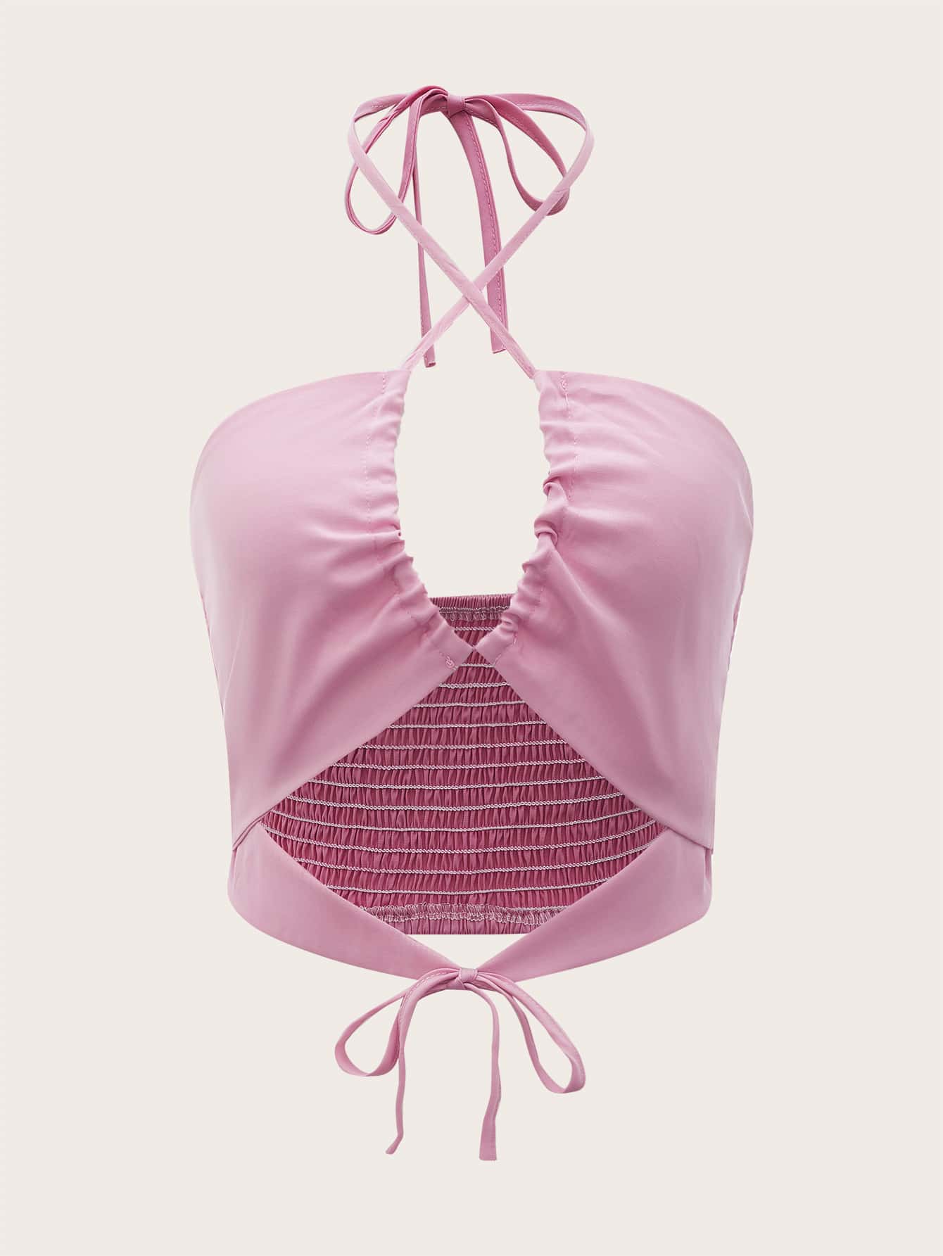 ROMWE 打褶鏤空掛脖上衣 - 粉色 - 查看 1