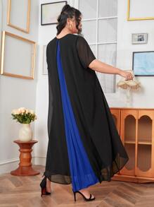 Mulvari Plus Colourblock Pleated High Low Hem Dress - Black - View 1