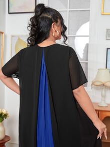 Mulvari Plus Colourblock Pleated High Low Hem Dress - Black - View 3