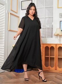 Mulvari Plus Colourblock Pleated High Low Hem Dress - Black - View 5