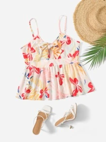 Plus Floral Print Knot Front Peplum Cami Top - Multicolor - View 1