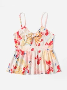 Plus Floral Print Knot Front Peplum Cami Top - Multicolor - View 3