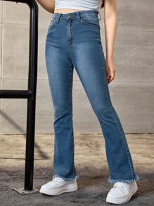 SHEIN Teen Girls Raw Hem Flare Leg Jeans - Dark Wash - View 1