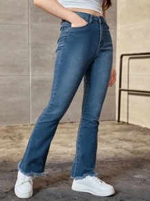 SHEIN Teen Girls Raw Hem Flare Leg Jeans - Dark Wash - View 3