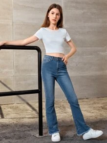 SHEIN Teen Girls Raw Hem Flare Leg Jeans - Dark Wash - View 4