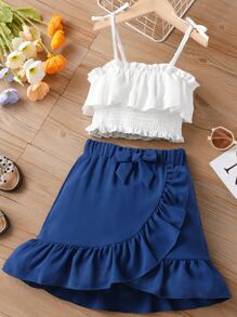 Niñas Top de tirantes ribete con fruncido & Falda cruzada con lazo delantero - Azul y blanco - Ver 1