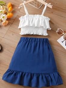 Niñas Top de tirantes ribete con fruncido & Falda cruzada con lazo delantero - Azul y blanco - Ver 2