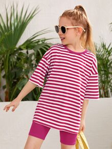 SHEIN Girls Striped Drop Shoulder Tee & Cycling Shorts - Hot Pink - View 3