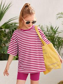 SHEIN Girls Striped Drop Shoulder Tee & Cycling Shorts - Hot Pink - View 4
