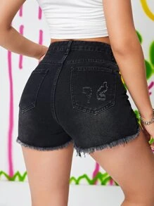 SHEIN 高腰破洞毛邊緣牛仔短褲 - 黑色 - 查看 2