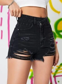 SHEIN 高腰破洞毛邊緣牛仔短褲 - 黑色 - 查看 4